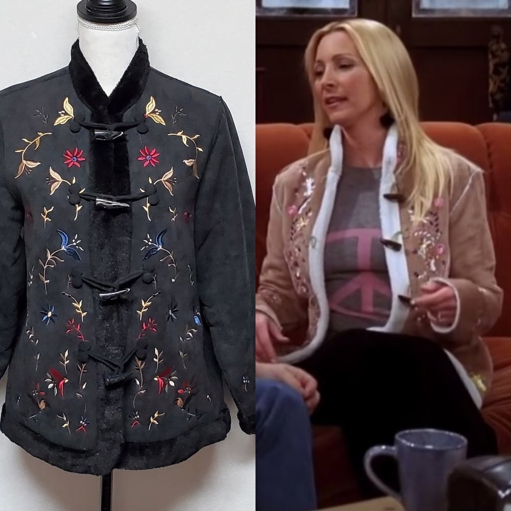 VINTAGE Dark Gothic Pheobe Buffay Faux Suede Floral Sherpa Lined Jacket Medium